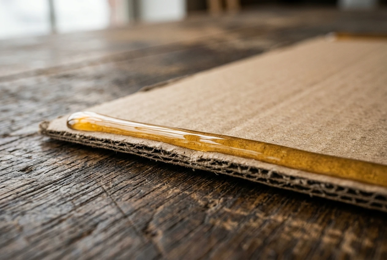 Adhesive bead on a brown carton flap