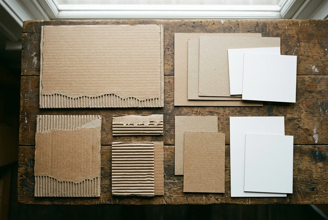 Corrugated and white coated board pieces showing their different layers and surfaces