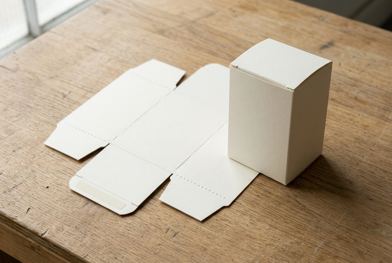 Carton blank beside a formed carton