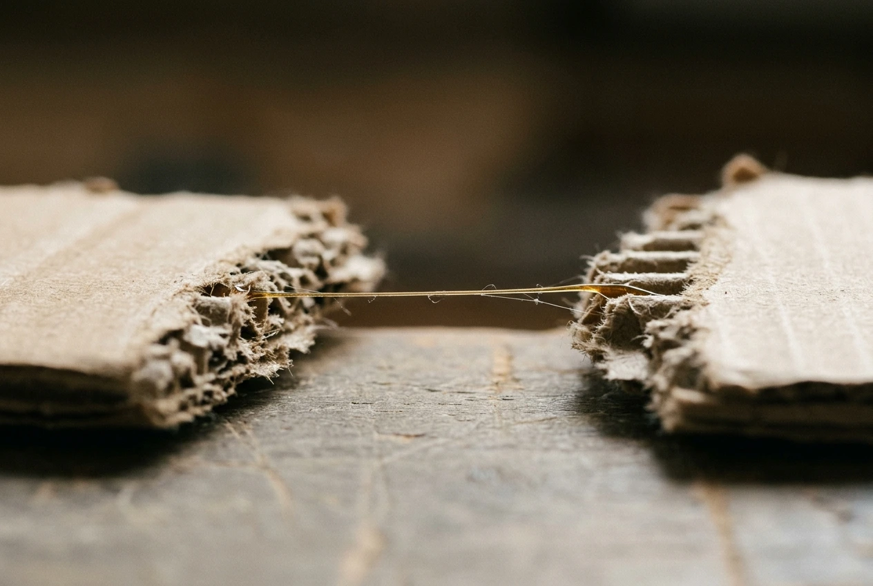 Adhesive thread between cardboard pieces